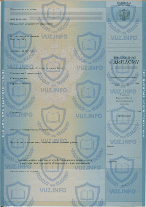 Приложение диплома о высшем образовании 2011, 2012, 2013 года окончания